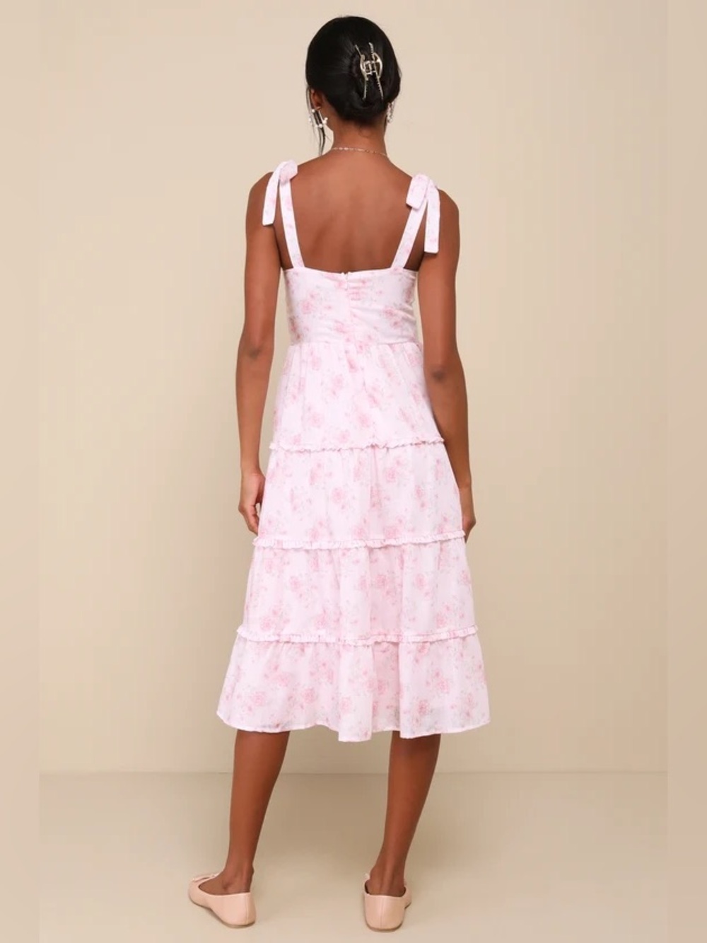 Lulus Unbelievably Darling Pink Floral Buster Tie-Strap Midi Dress - Picture 4 of 6